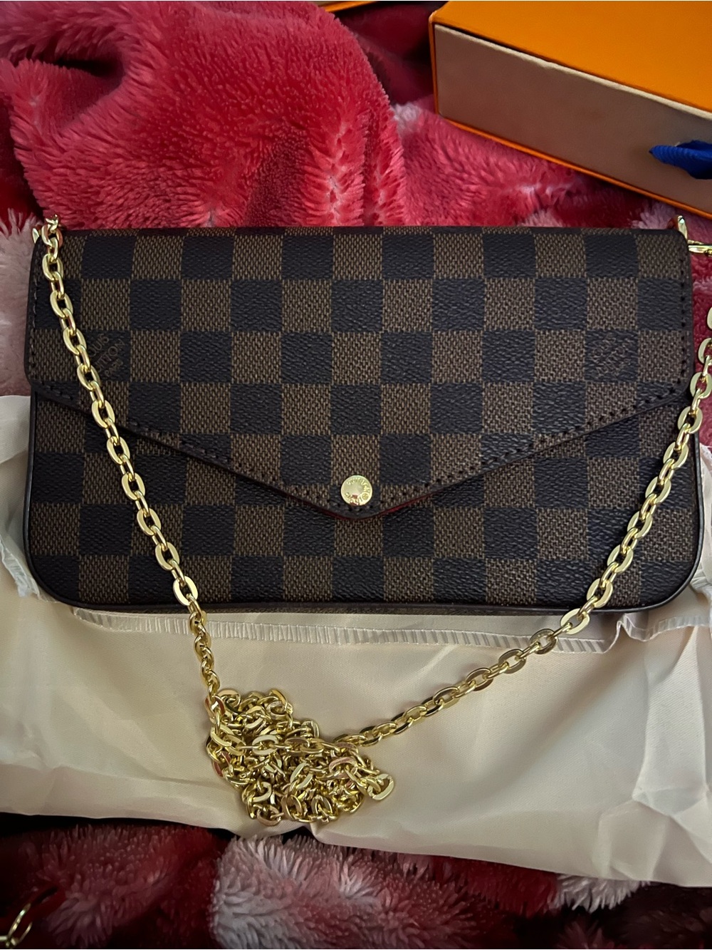 Brown Checkered Crossbody Bag with Gold Chain Strap - Picture 2 of 3